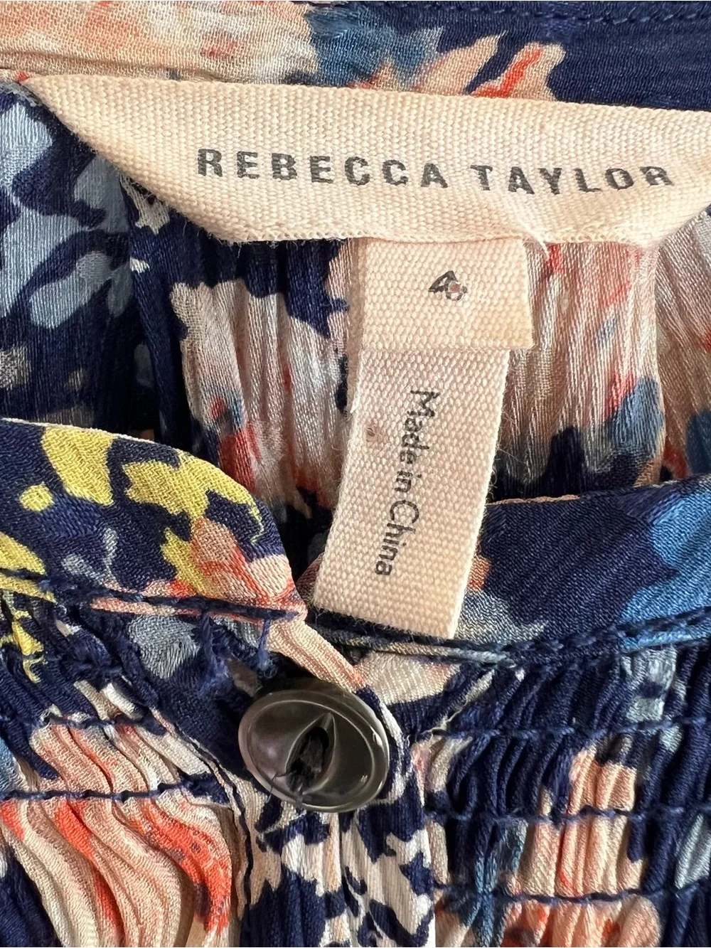Rebecca Taylor Button Down 100% Silk Navy Floral Ruffle Sleeve Top - Picture 3 of 7